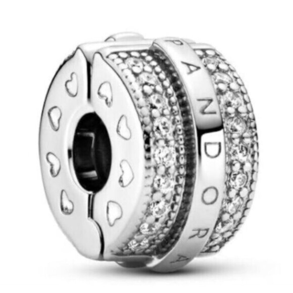 Sterling Silver Charms, Pandora logo Sparkling Pavé Lines and Logo Clip S925ALE
